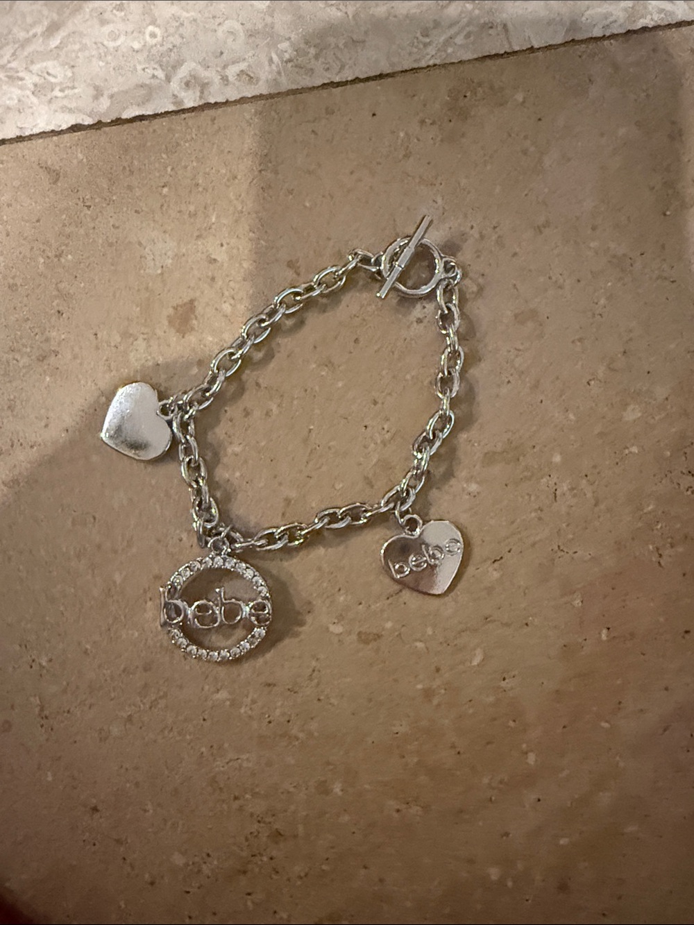 bebe Silver Heart Charm Chain Bracelet